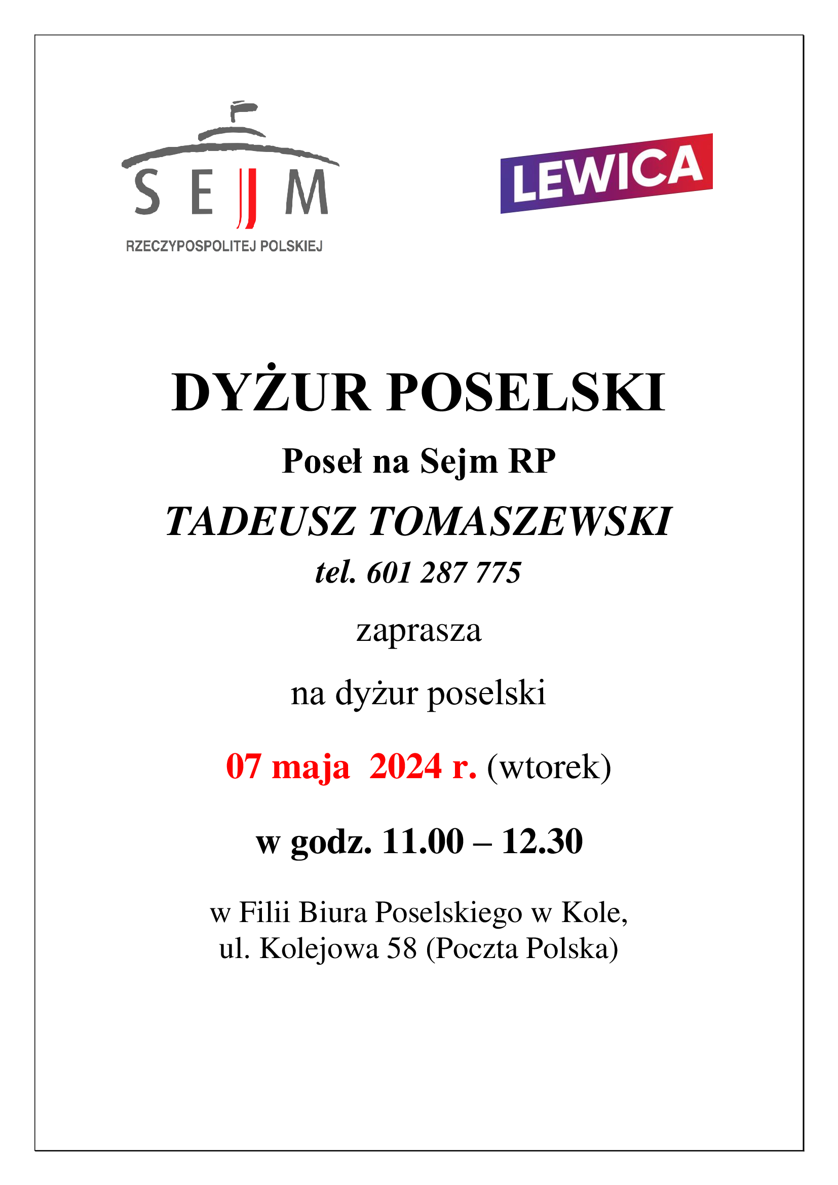 Infografika o dyżurze poselskim Tadeusza Tomaszewskiego, tekst pod infografiką.