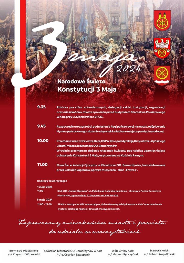 Plakat z Programem obchodów Narodowego Święta Konstytucji 3 Maja, tekst pod plakatem.