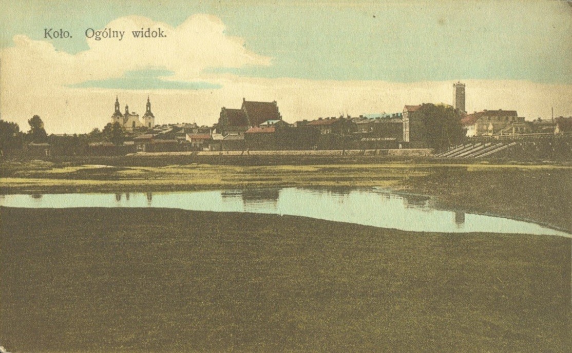 Widokówka z ogólnym widokiem Koła (adresowana w 1910 r.). Fot. C. Dobrzelewski.  Ze zbiorów Pana Roberta Krysztofowicza.