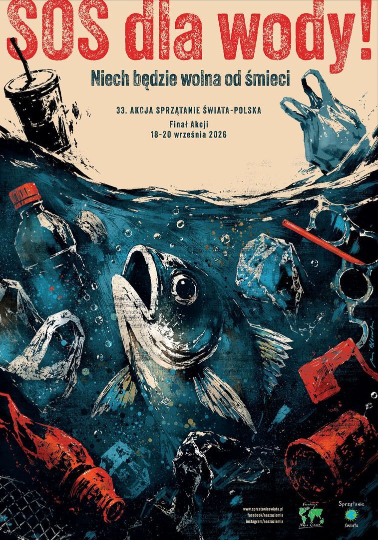 Plakat akcji SOS dla wody!. Ilustracja przedstawia rybę pływającą wśród plastikowych odpadów – butelki, kubka, słomki i siatki – pod powierzchnią wody. Czerwony napis tytułowy, informacja o 33. Akcji Sprzątanie Świata-Polska, finał 18-20 września 202