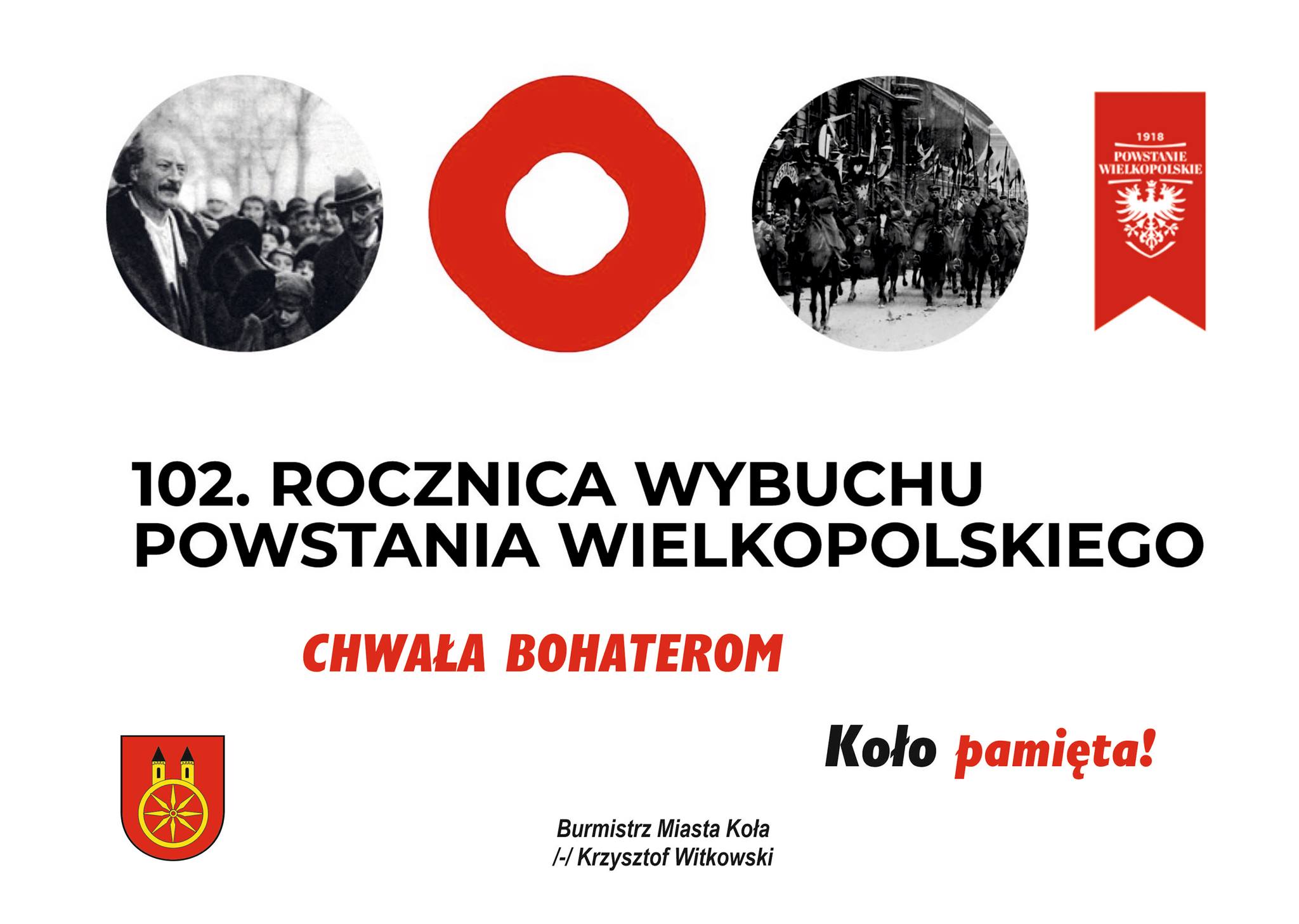 Grafika przedstawia napis 102 ROCZNICA WYBUCHU POWSTANIA WIELKOPOLSKIEGO