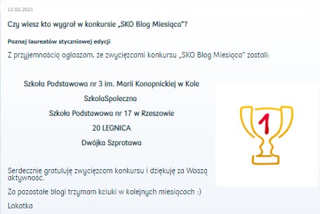 Infografika przedstawia informację o laureacie konkursu SKO, tj. Szkoły Podstawowej Nr 3 w Kole.