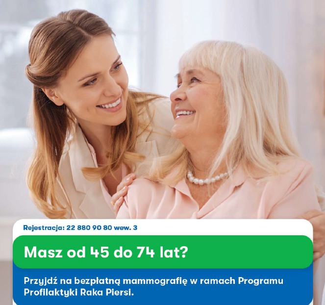 Plakat Zbadaj się i zyskaj spokój! Bezpłatna mammografia! Na plakacie widać dwie uśmiechnięte kobiety, jedna w średnim, druga w starszym wieku. Młodsza kobieta obejmuje starszą kobietę.
