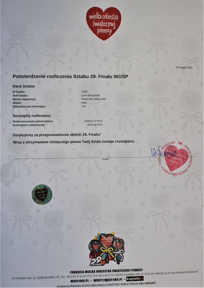Zdjęcie przedstawia pismo z Fundacji WOŚP potwierdzjące rozliczenie kolskiego sztabu.