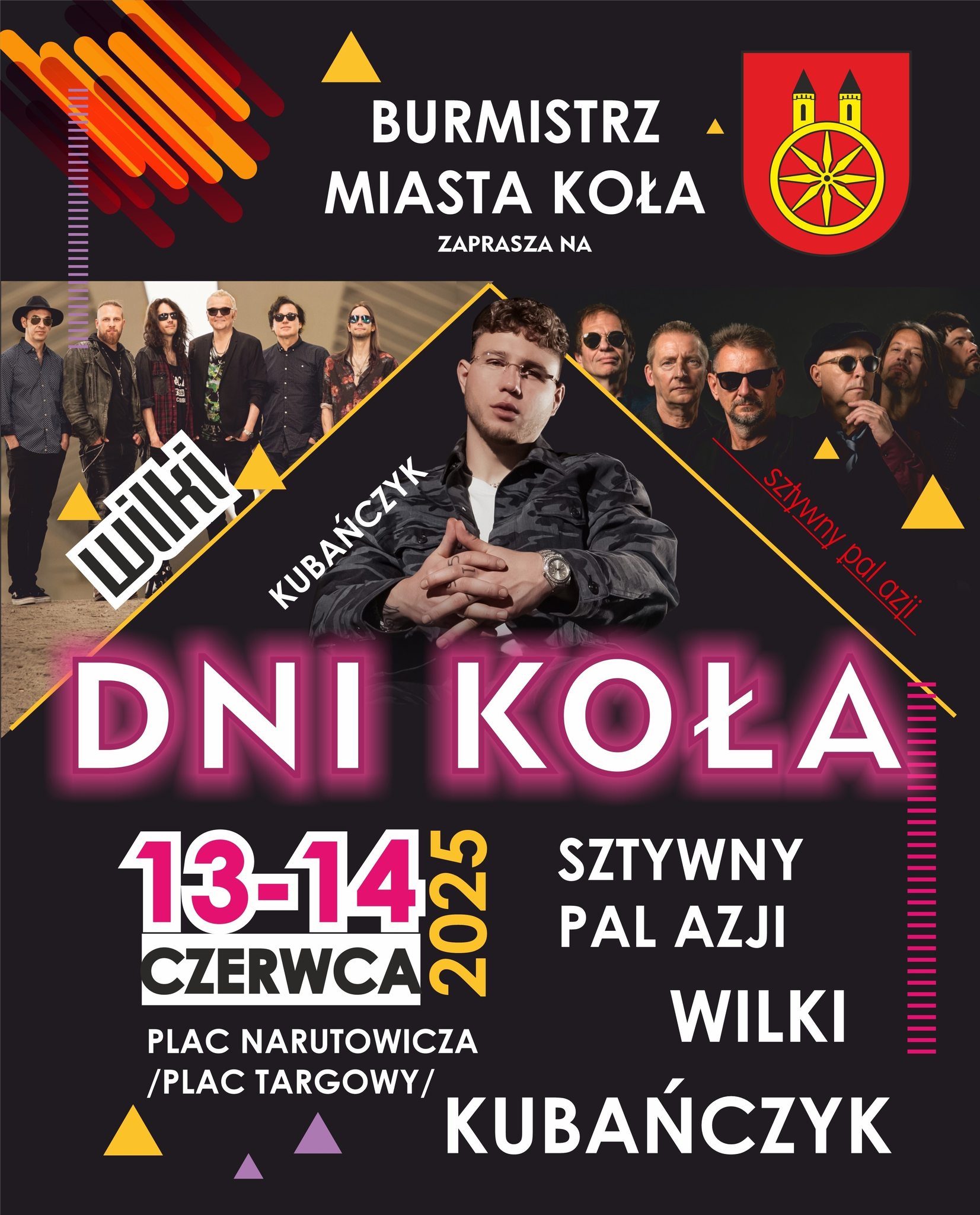 Plakat ma ciemne tło z dynamicznymi, kolorowymi akcentami. Znajdują się na nim zdjęcia trzech artystów – jednego rapera i dwóch grup rockowych. W górnej części widoczny jest herb Koła. Design jest nowoczesny, z geometrycznymi elementami.