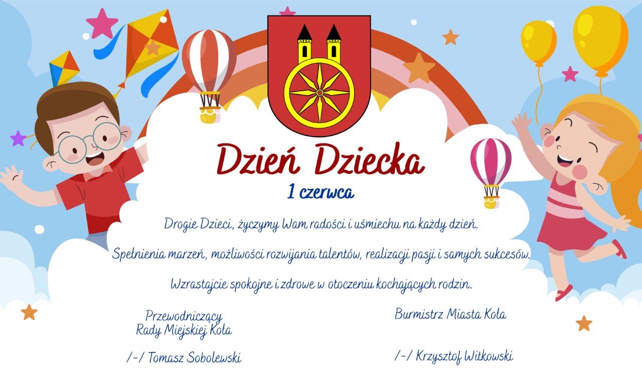 Plansza - 1 czerwca Dzień Dziecka, treść życzeń pod planszą.