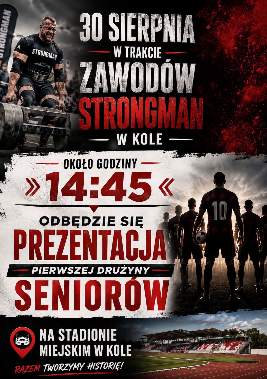 Informacja o prezentacji drużuny seniorów Klubu Olimpia podczas zawodów Strongman 30 sierpnia 2026 roku na stadionie w Kole.