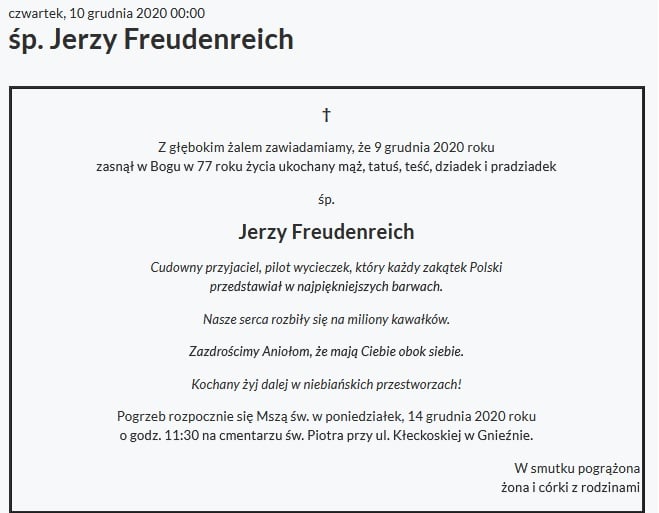 Zdjęcie przedstawia nekrolog śp. Jerzego Freudenreicha