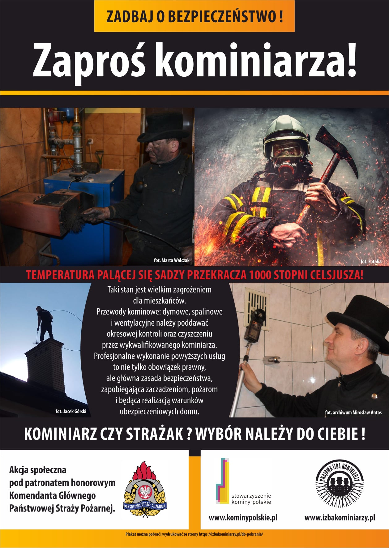 Plakat akcji społecznej Zadbaj o bezpieczeństwo! Zaproś kominiarza!