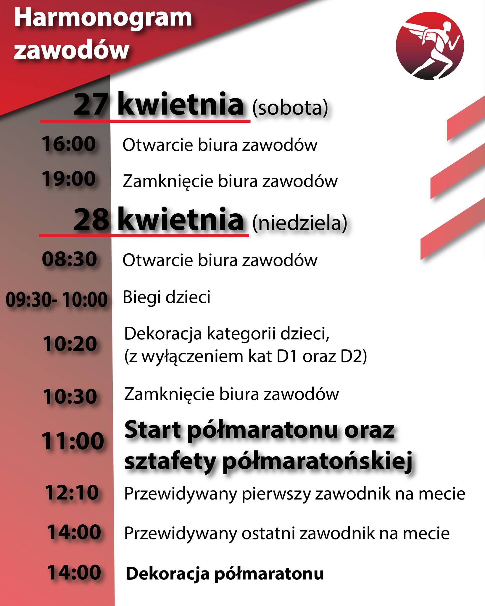 Plakat z Harmonogramem zawodów Półmaraton Koło, tekst pod plakatem