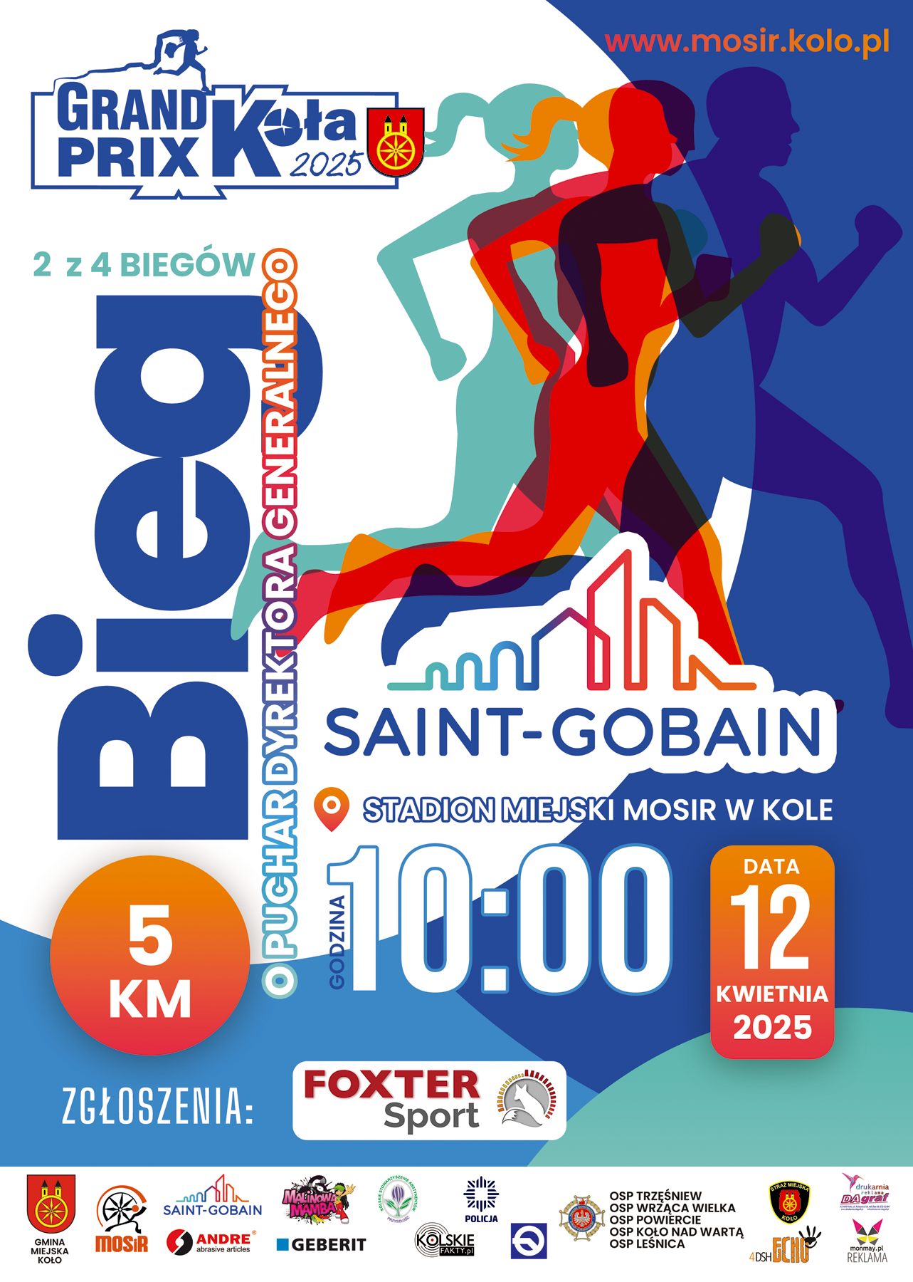 Plakat promujący drugi bieg w ramach cyklu Grand Prix Koło 2025 - Bieg o Puchar Dyrektora Generalnego Saint-Gobain. Plakat w odcieniu jasno różowym, u góry kontury biegaczy i biegaczek, na dole logotypy organizatorów biegu.