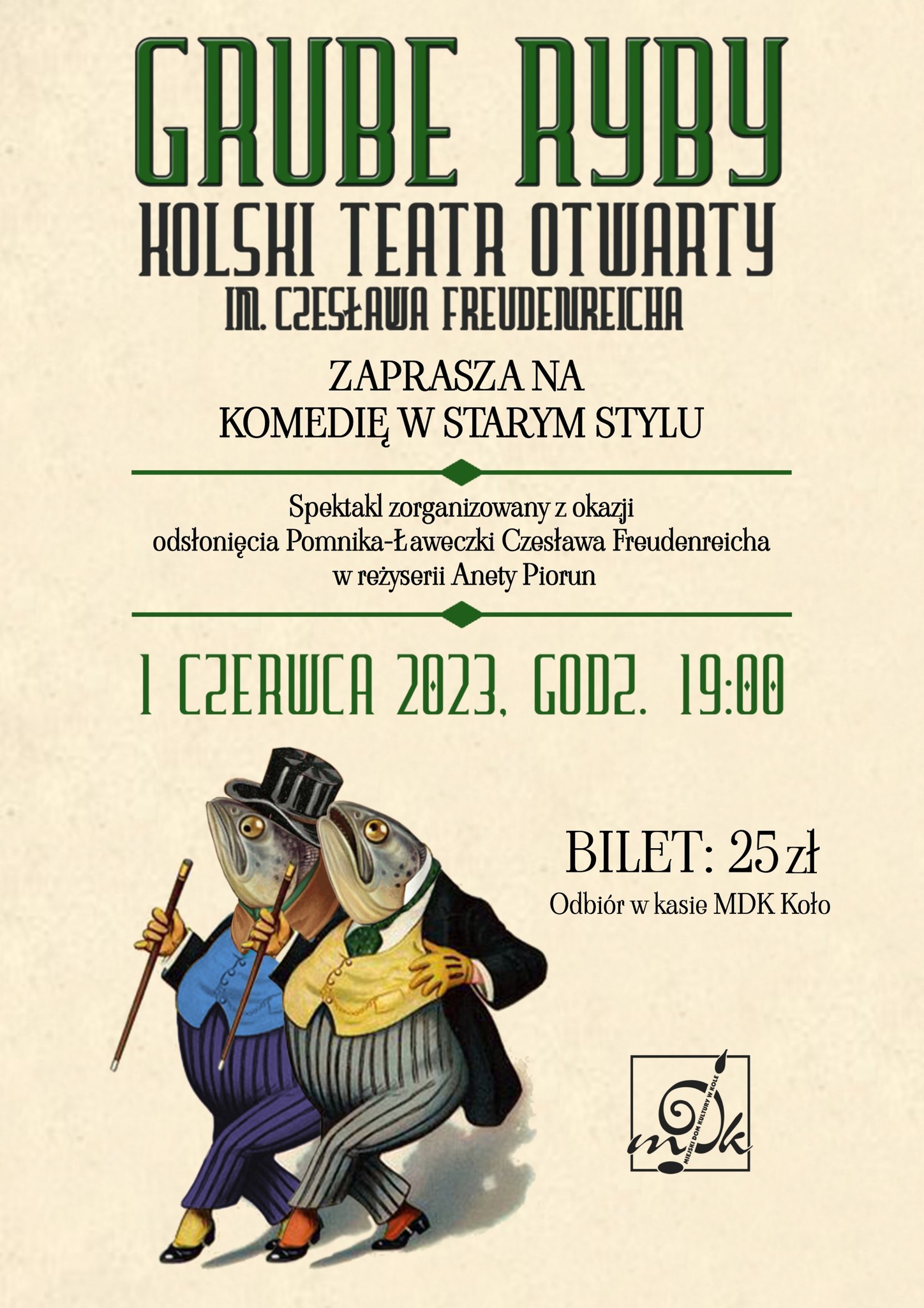 Plakat spektaklu GRUBE RYBY w wykonaniu Kolskiego Teatru Otwartego im. Czesława Freudenreicha