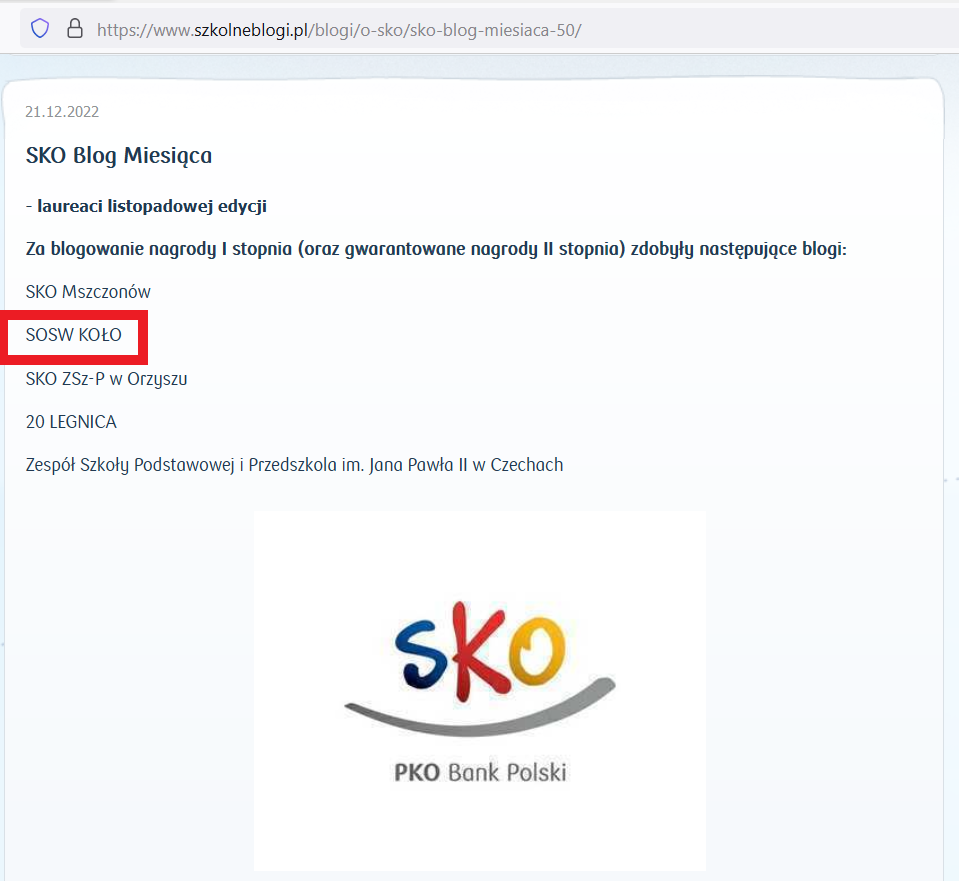 Zrzut ekranu ze strony internetowej banku Blog Miesiąca