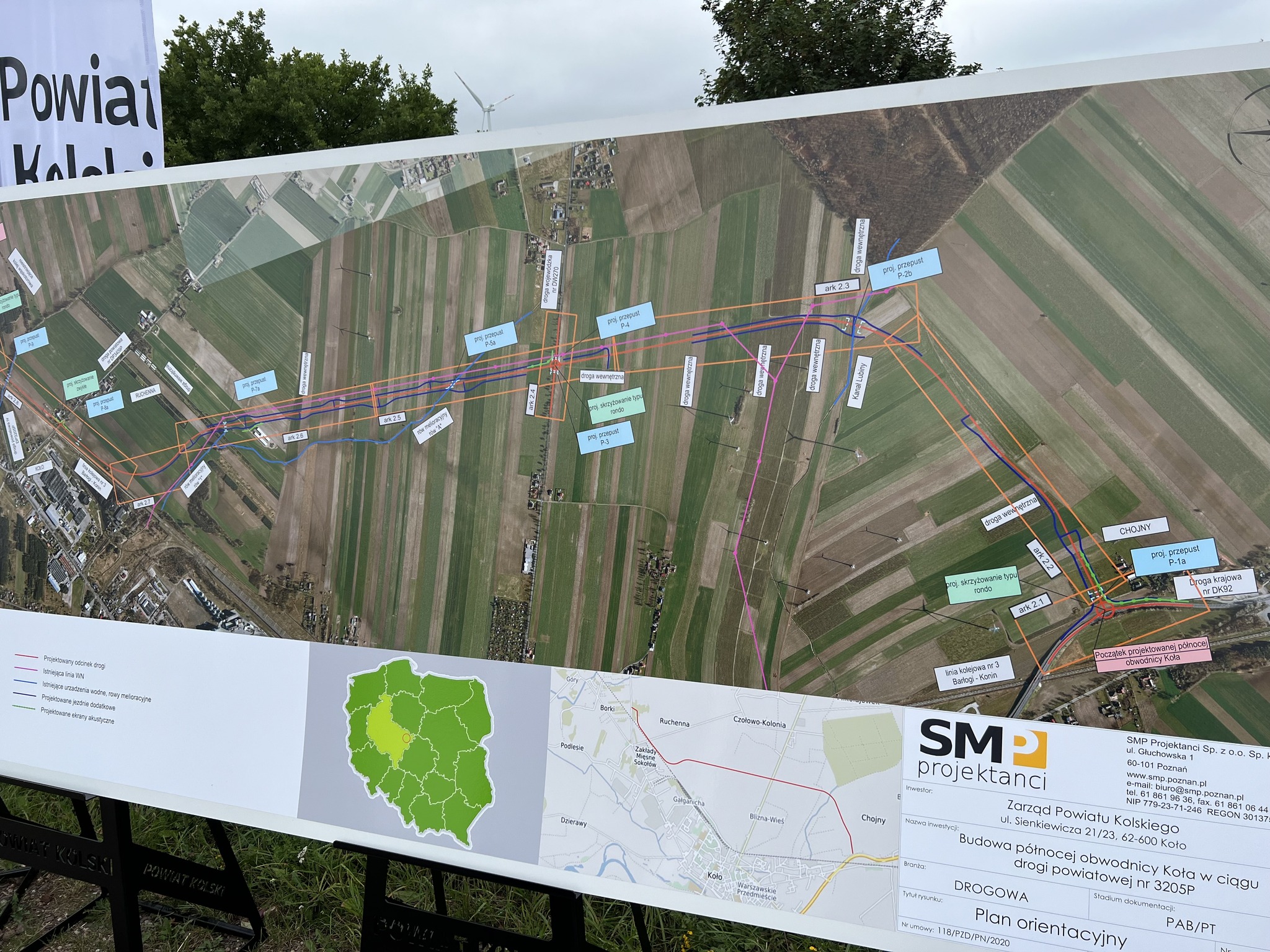 Mapa z wyznaczoną trasą północnej obwodnicy miasta Koła