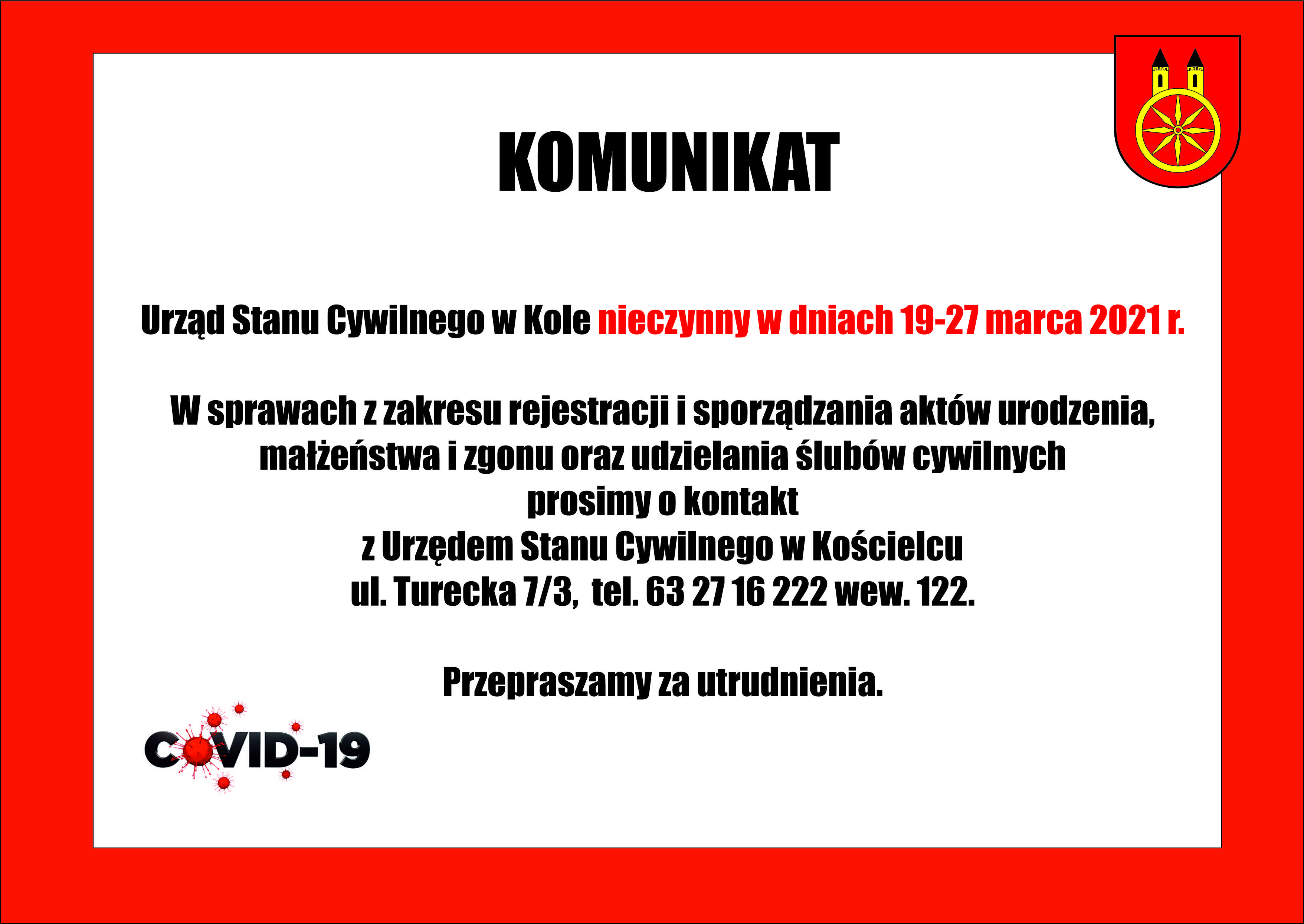 Infografika: Urząd Stanu Cywilnego w Kole nieczynny w dniach 19-27 marca 2021 r.