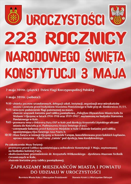 Program uroczystości 223 rocznicy Konstytucji 3 Maja
