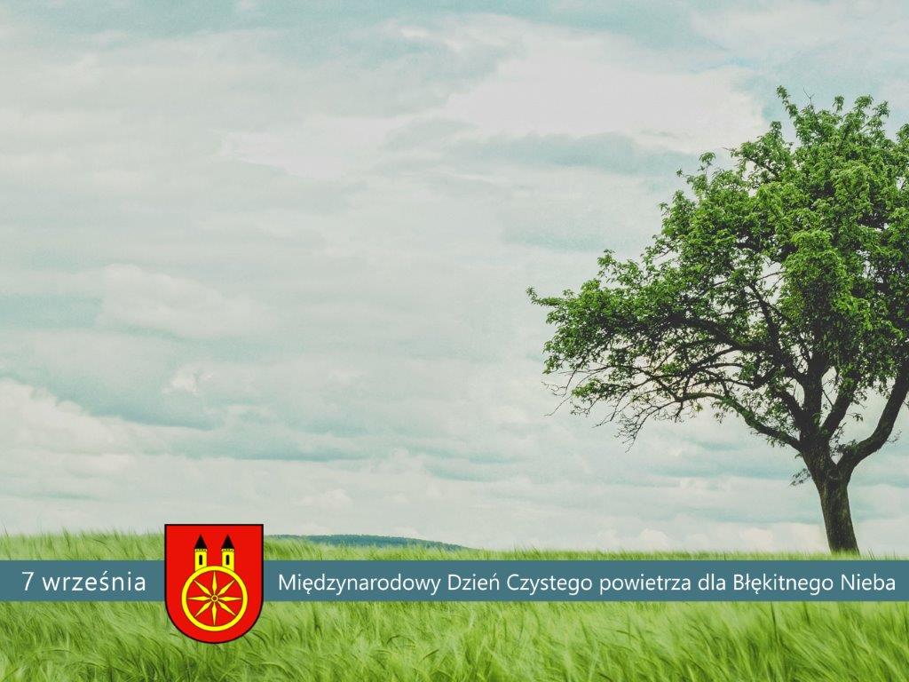 Plansza Międzynarodowy Dzień Czystego Powietrza dla błękitnego nieba, tekst pod planszą.