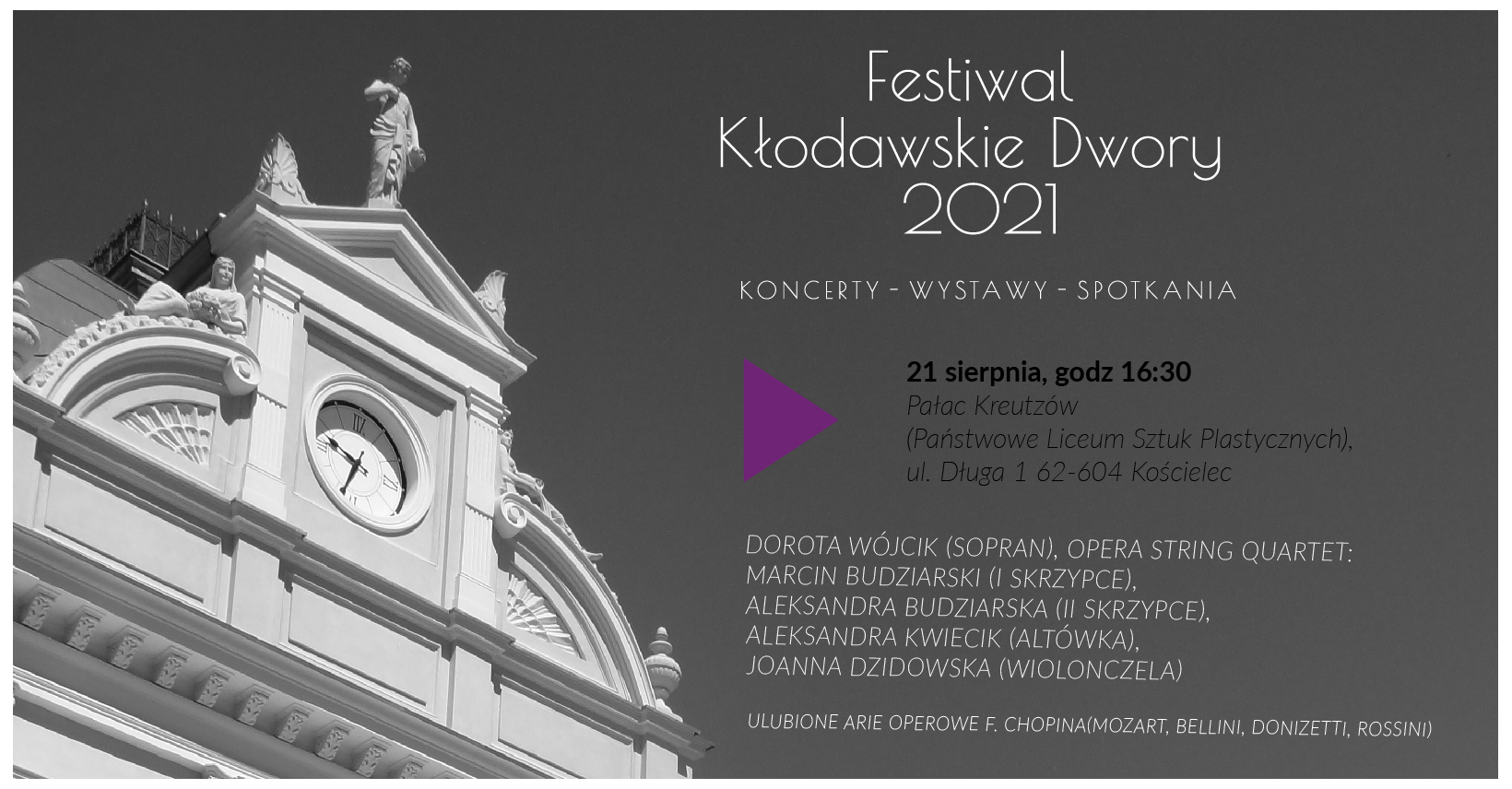Plakat II. FESTIWAL „KŁODAWSKIE DWORY” 2021, tekst pod plakatem.