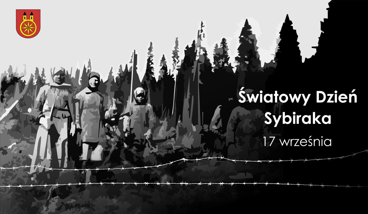 Na ciekawej planszy widzisz grafikę upamiętniającą Światowy Dzień Sybiraka, który przypada 17 września.  W skrajnym rogu znajduje się herb miasta Koła, pod herbem postacie kobiet, mężczyzn i dzieci. Po prawej stronie napis Światowy Dzień Sybiraka