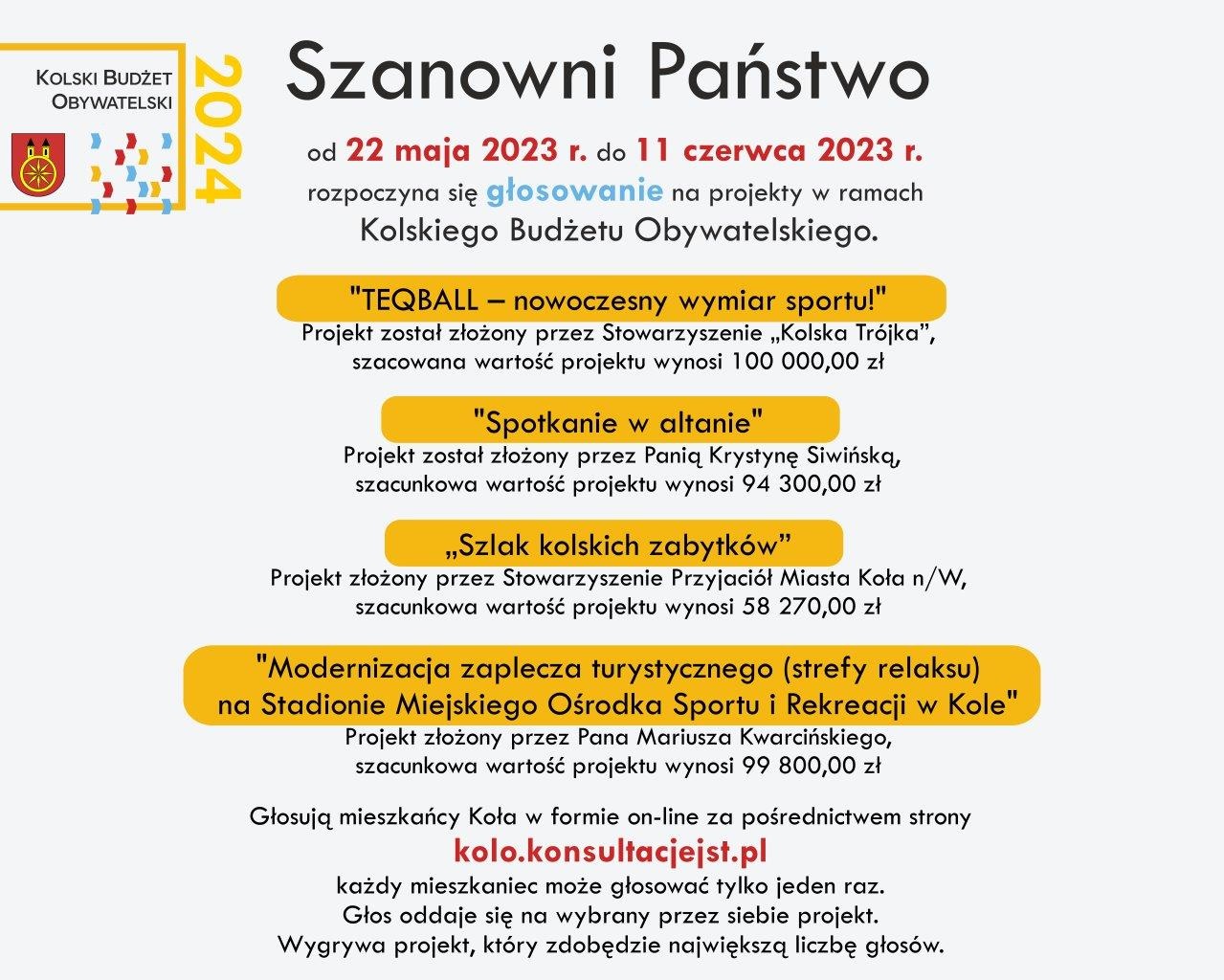 Plansza z zasadami głosowania na projekty do Kolskiego Budżetu Obywatelskiego 2024, tekst pod plansz