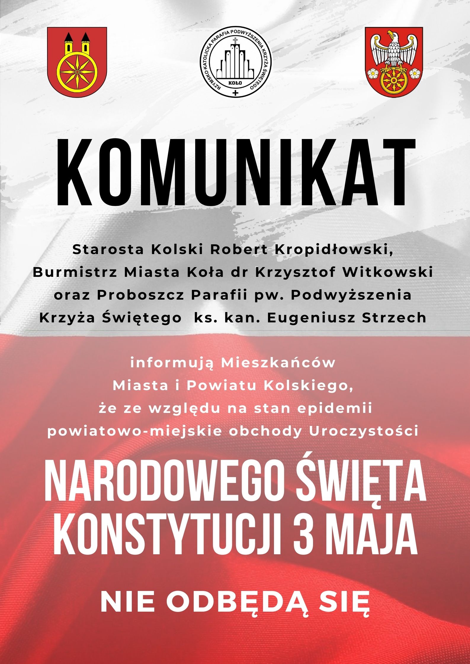 Plakat informujący o NARODOWYM ŚWIĘCIE KONSTYTUCJI 3 MAJA. Treść plakatu poniżej w artykule.