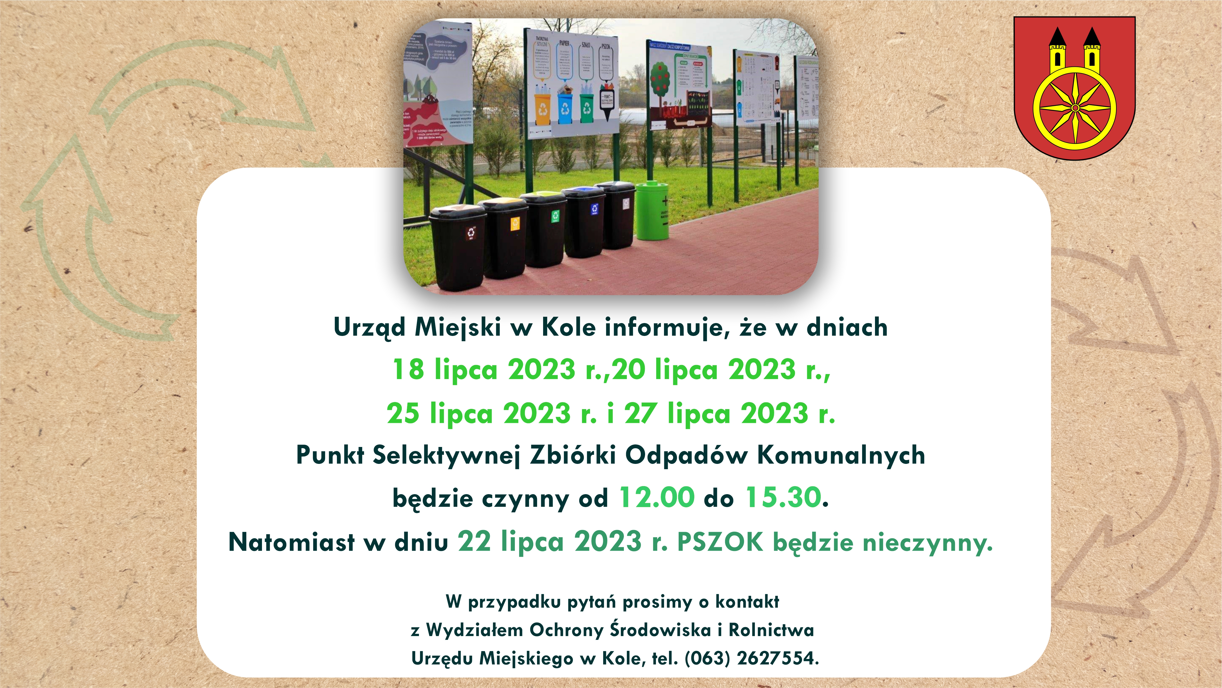 Infografika z godzinami otwarcia PSZOK w Kole, tekst pod planszą