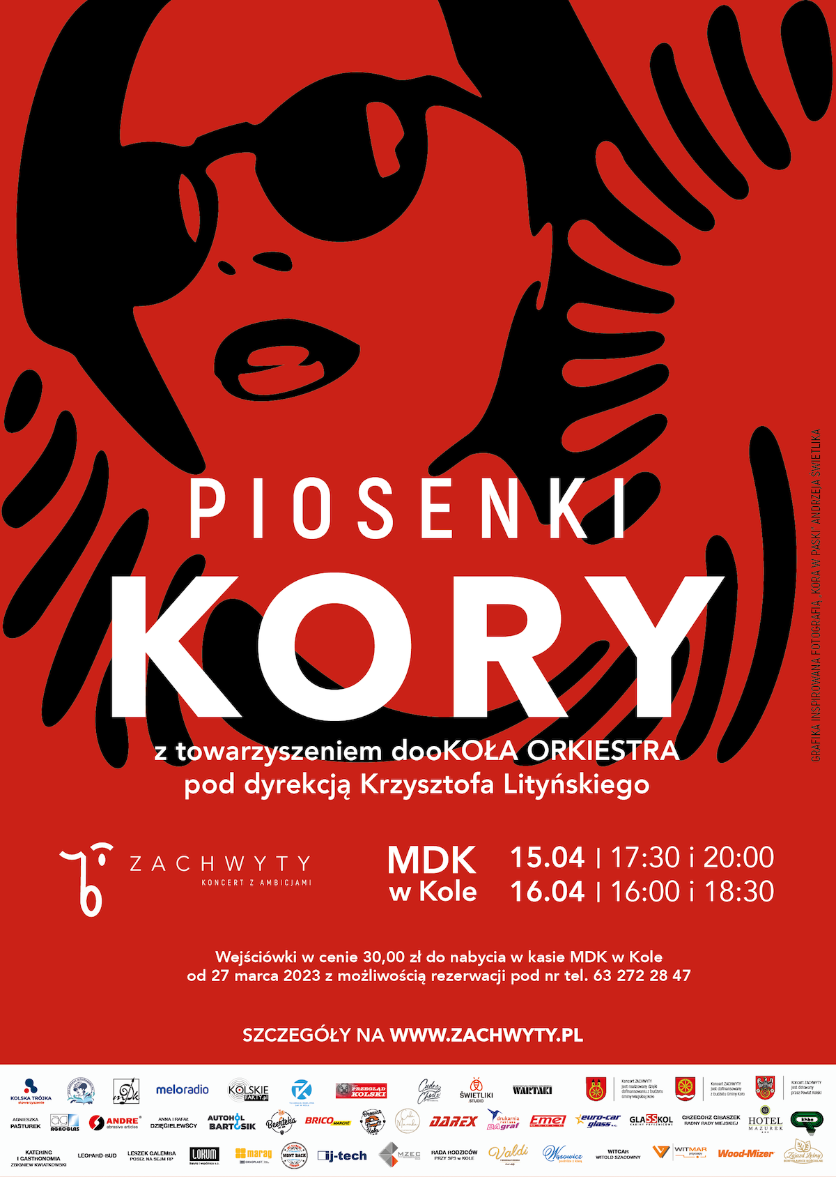 Plakat promuje koncert ZACHWYTY poświęcony piosenkom KORY. Wydarzenie odbędzie się w MDK w Kole. Na plakacie dominują kolory czerwony, czarny i biały, a centralnym elementem jest stylizowany portret artystki.