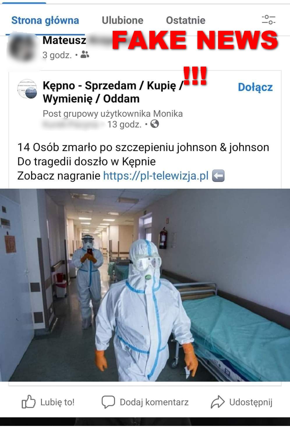 Zdjęcie przedstawia Print Screen fake newsa na facebooku.