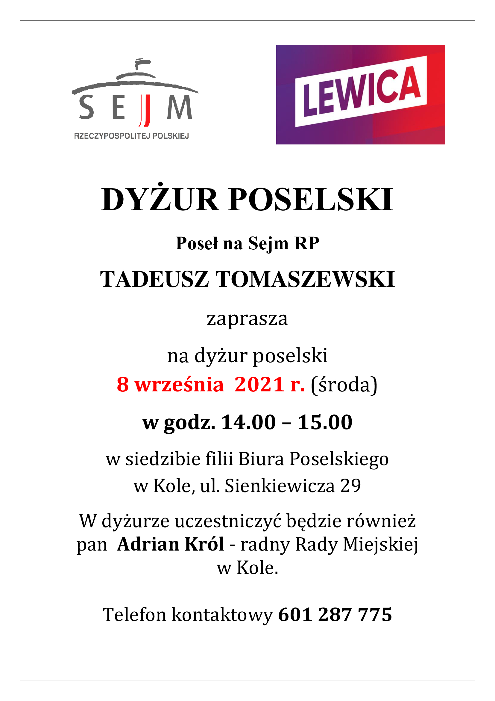Plansza, informacja o dyżurze poselskim, tekst pod plakatem.