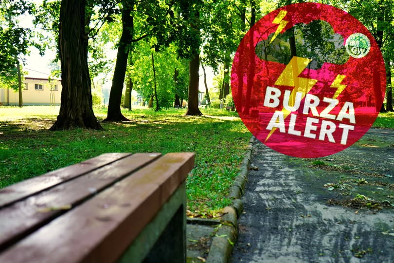 Zdjęcie parku, na pierwszym planie ławka, w prawym górnym rogu czerwone koło z piorunami, alert burza.