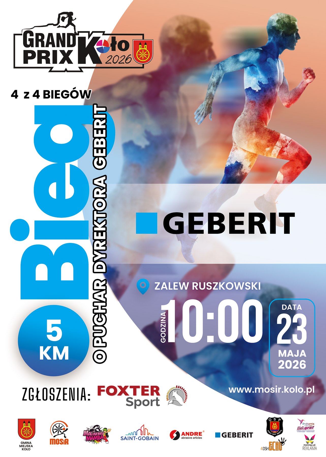 Plakat promuje bieg uliczny „Grand Prix Koło 2026 – Bieg”. Dystans 5 km, start 23 maja 2026 o 10:00 na Zalewie Ruszkowskim. Widoczna sylwetka biegnącej osoby, logotypy sponsorów oraz informacje o zapisach i miejscu wydarzenia.