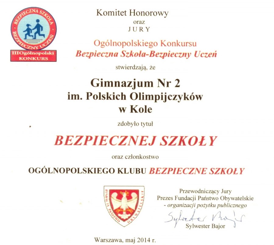 Tytuł „Bezpiecznej Szkoły” dla Gimnazjum nr 2