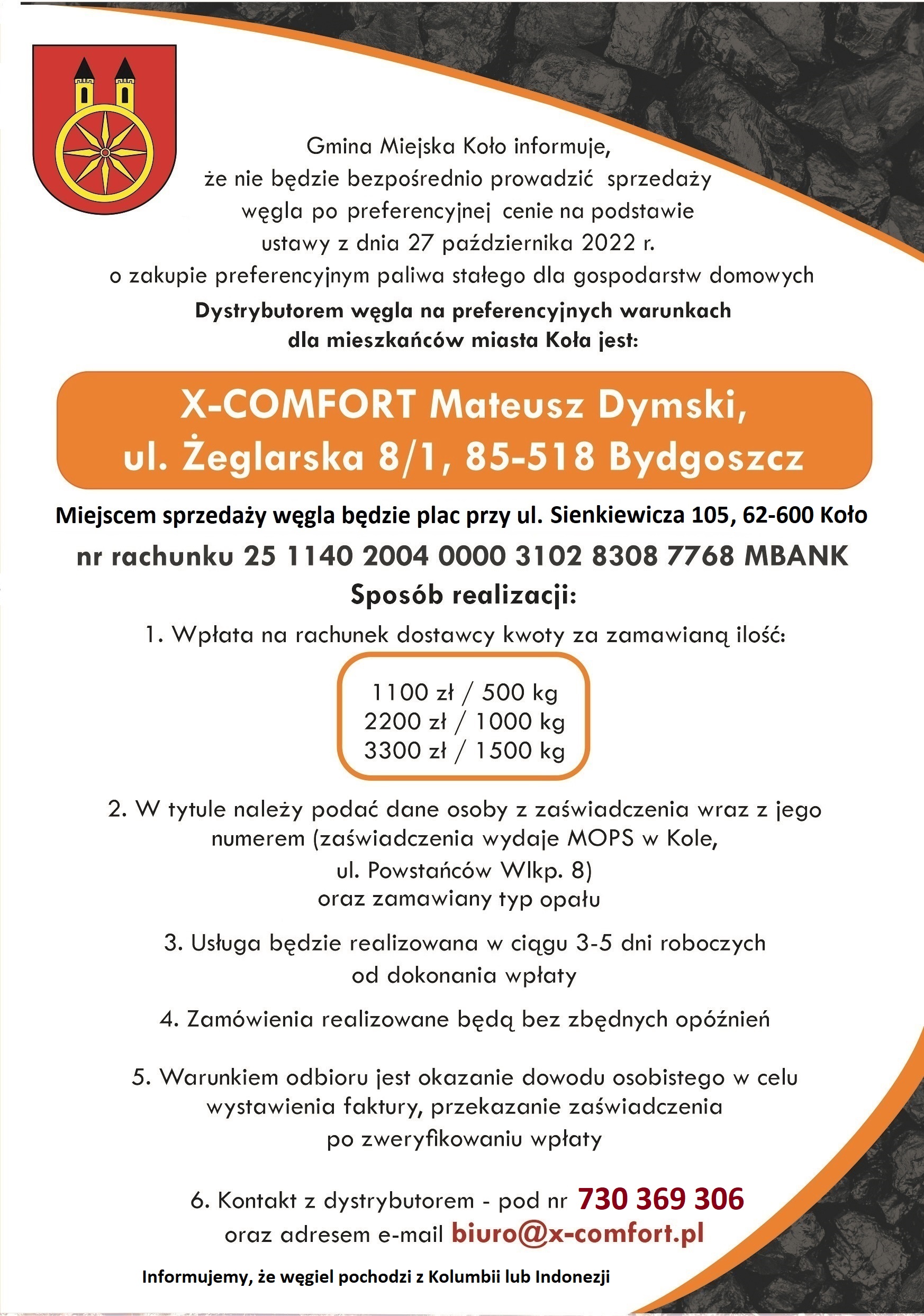 Plakat informujący o sprzedaży węgla po preferencyjnej cenie, tekst pod plakatem.