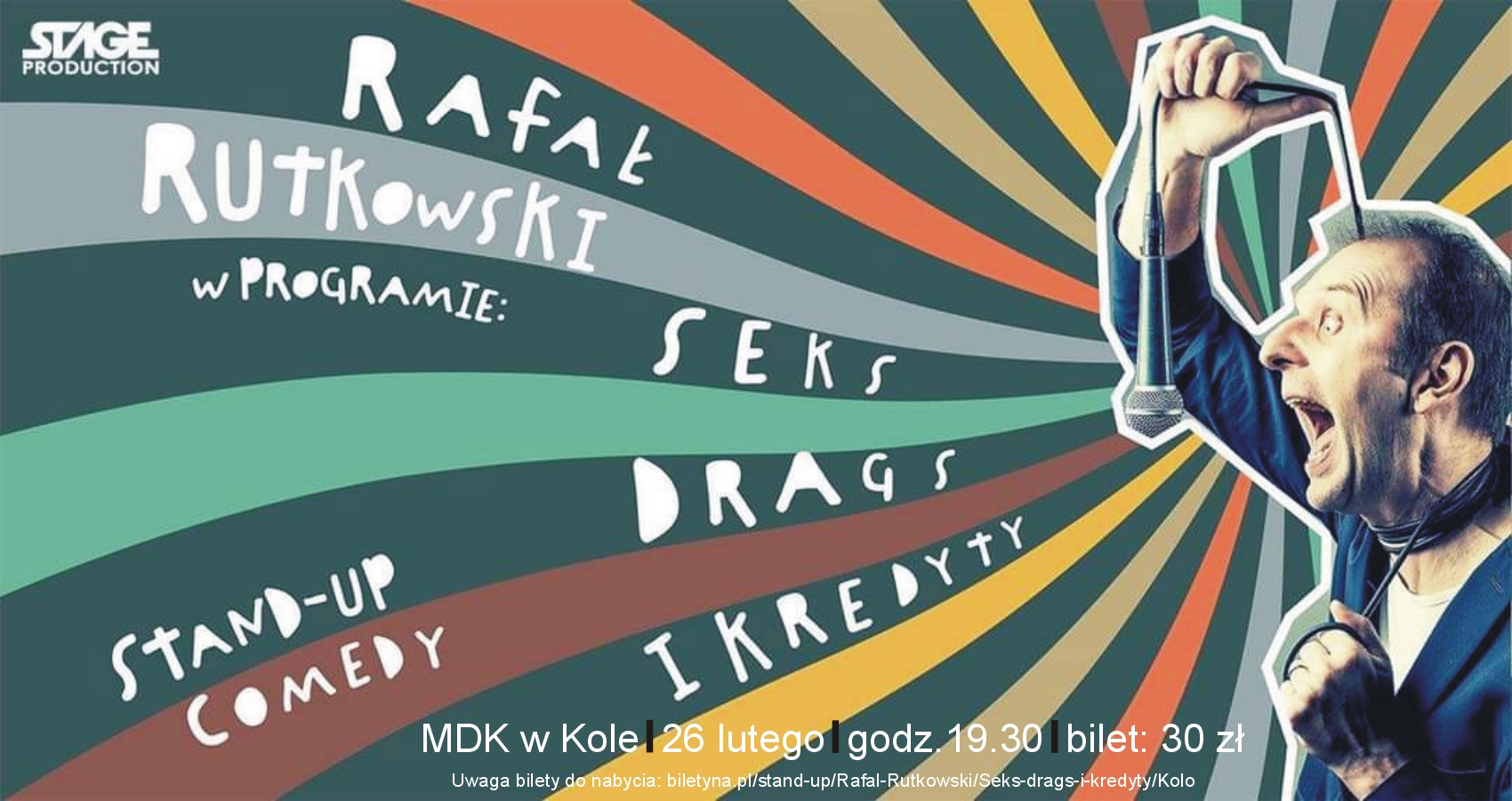 Grafika przedstawia plakat z informacją o miejscu i czasie wydarzenia Stand-up. Rafał Rutkowski.