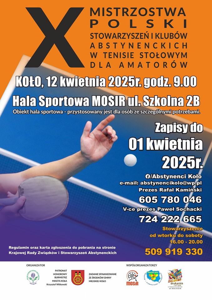 Plakat X Mistrzostw Polski w Tenisie Stołowym Stowarzyszeń i Klubów Abstynenckich. Na plakacie widać lewą dłoń podrzucającą piłeczkę oraz rakietkę trzymaną w prawej dłoni tenisisty. W tle stół do tenisa stołowego oraz tekst informacyjny o zawodach.