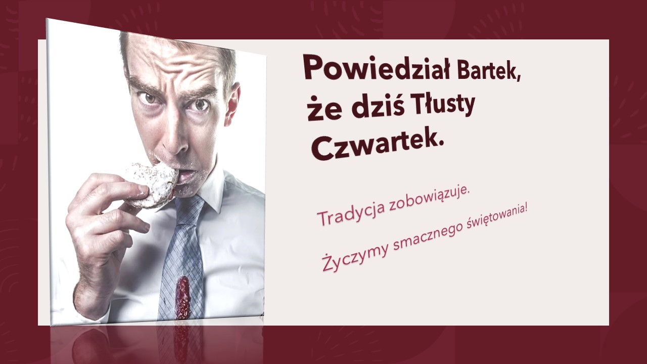 Zdjęcie przedstawia mężczyznę jedzącego pączka w koszuli i krawacie.
