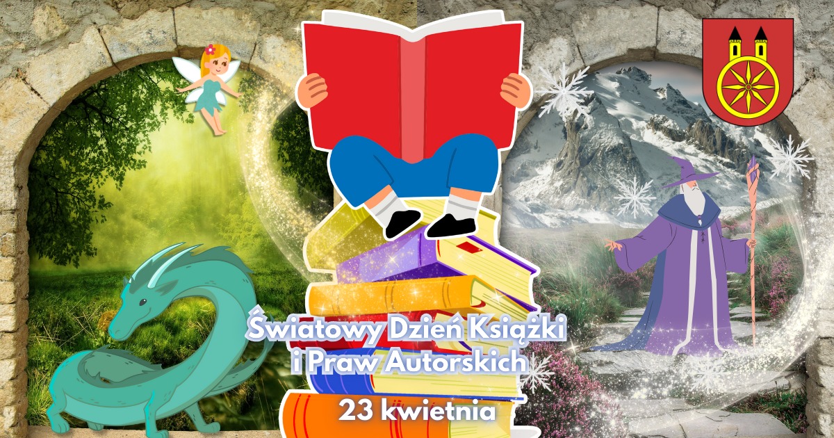 Grafika przedstawia chłopca siedzącego na stosie książek, który czyta trzymaną w dłoniach książkę, a w tle widać bajkowy krajobraz z elementami fantasy, w tym smoka oraz postać Gandalfa z „Władcy Pierścieni”.