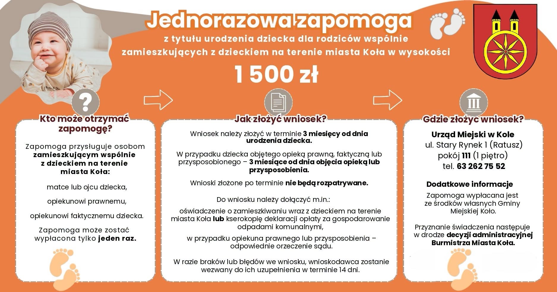 Infografika: jednorazowa zapomoga 1500 zł na urodzenie dziecka dla rodziców mieszkających w Kole. Wniosek w 3 miesiące od urodzenia, Urząd Miejski, Stary Rynek 1, pokój 111, tel. 63 262 75 52.