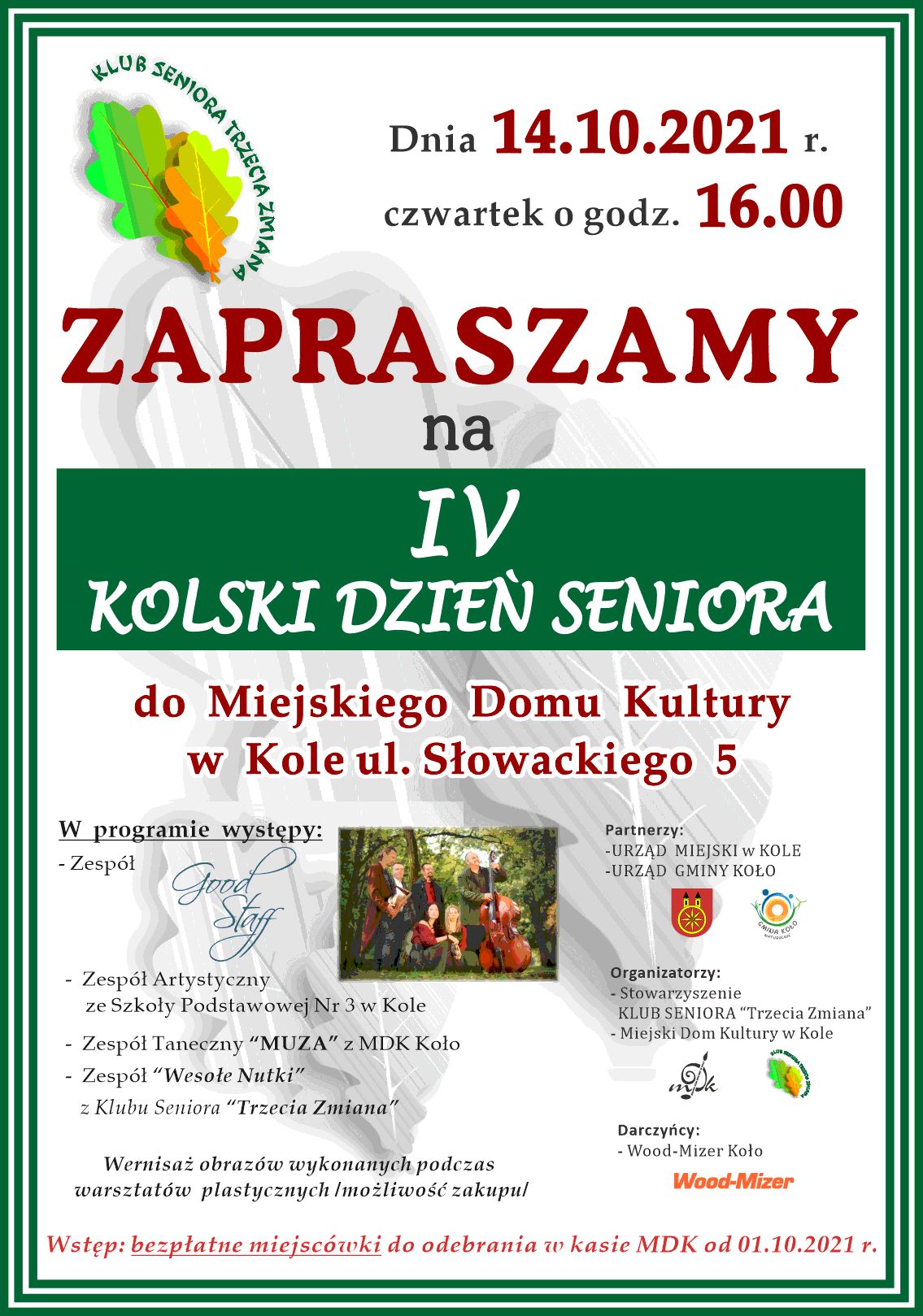 Plakat informujący o IV Kolskim Dniu Seniora, tekst pod planszą.