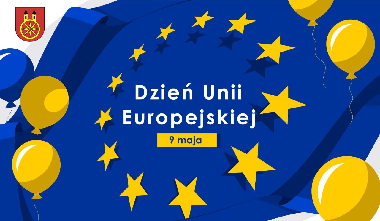 Grafika przedstawia świętowanie Dnia UE, obchodzonego 9 maja.  Tło stanowi flaga UE z żółtymi gwiazdami na niebieskim tle, a wokół unoszą się żółte i niebieskie balony. W lewym górnym rogu znajduje się herb miasta Koła.