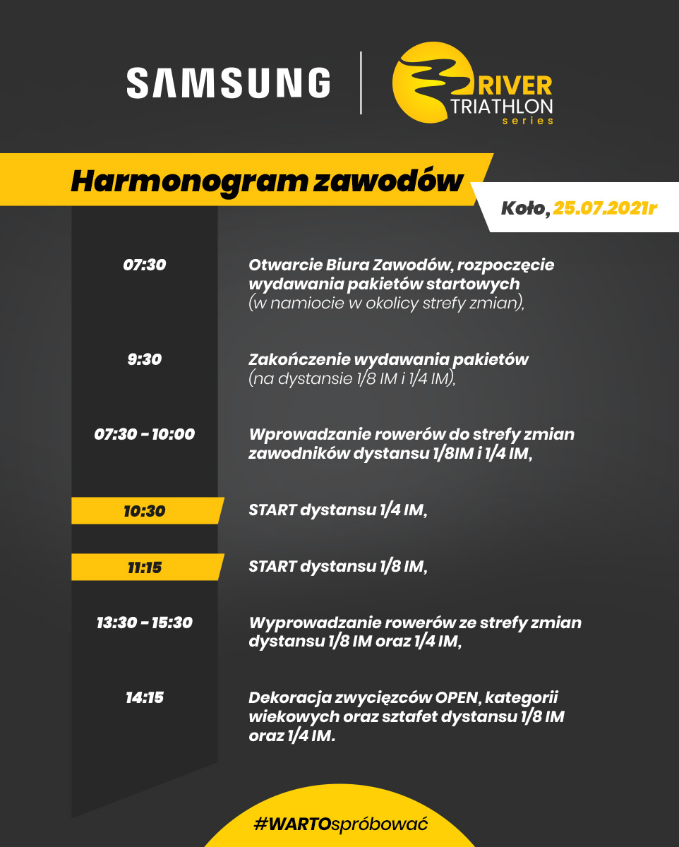 Plakat, trzeci cykl Samsung River Triathlon Series w Kole, tekst pod planszą.