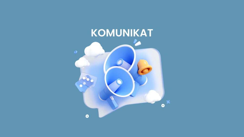 Na obrazku widać napis „KOMUNIKAT” na niebieskim tle z ikonkami dzwonków