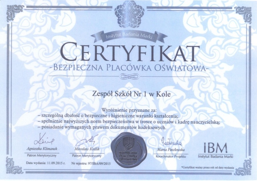 ZS nr 1 z certyfikatem Bezpieczna Placówka Oświatowa