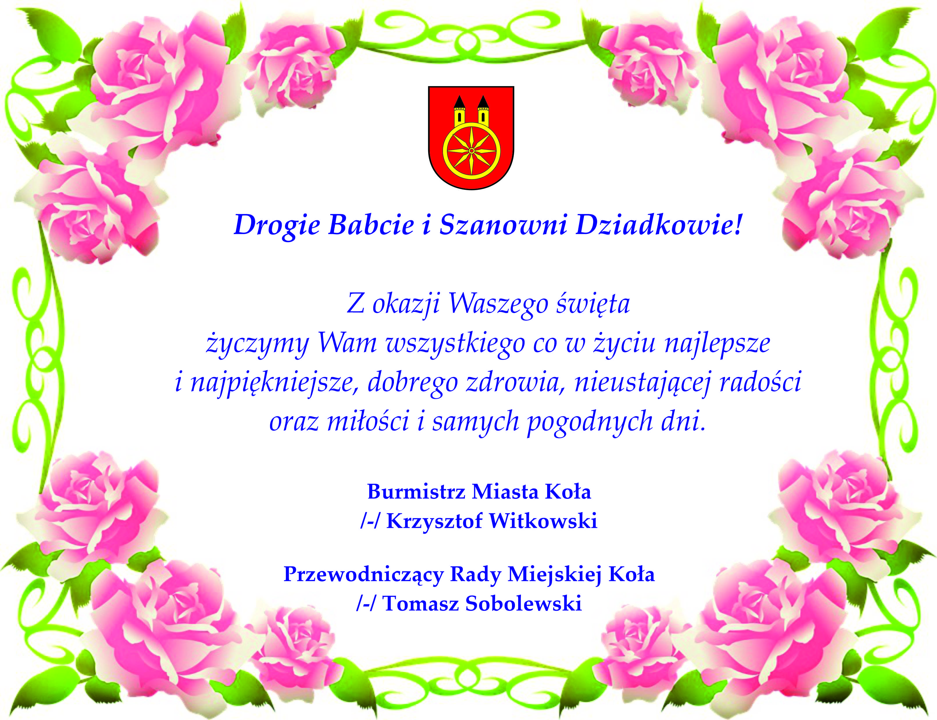Grafika przedstawia treść życzeń z okazji Dnia Babci i Dziadka Burmistrza i Przewodniczącego Rady.