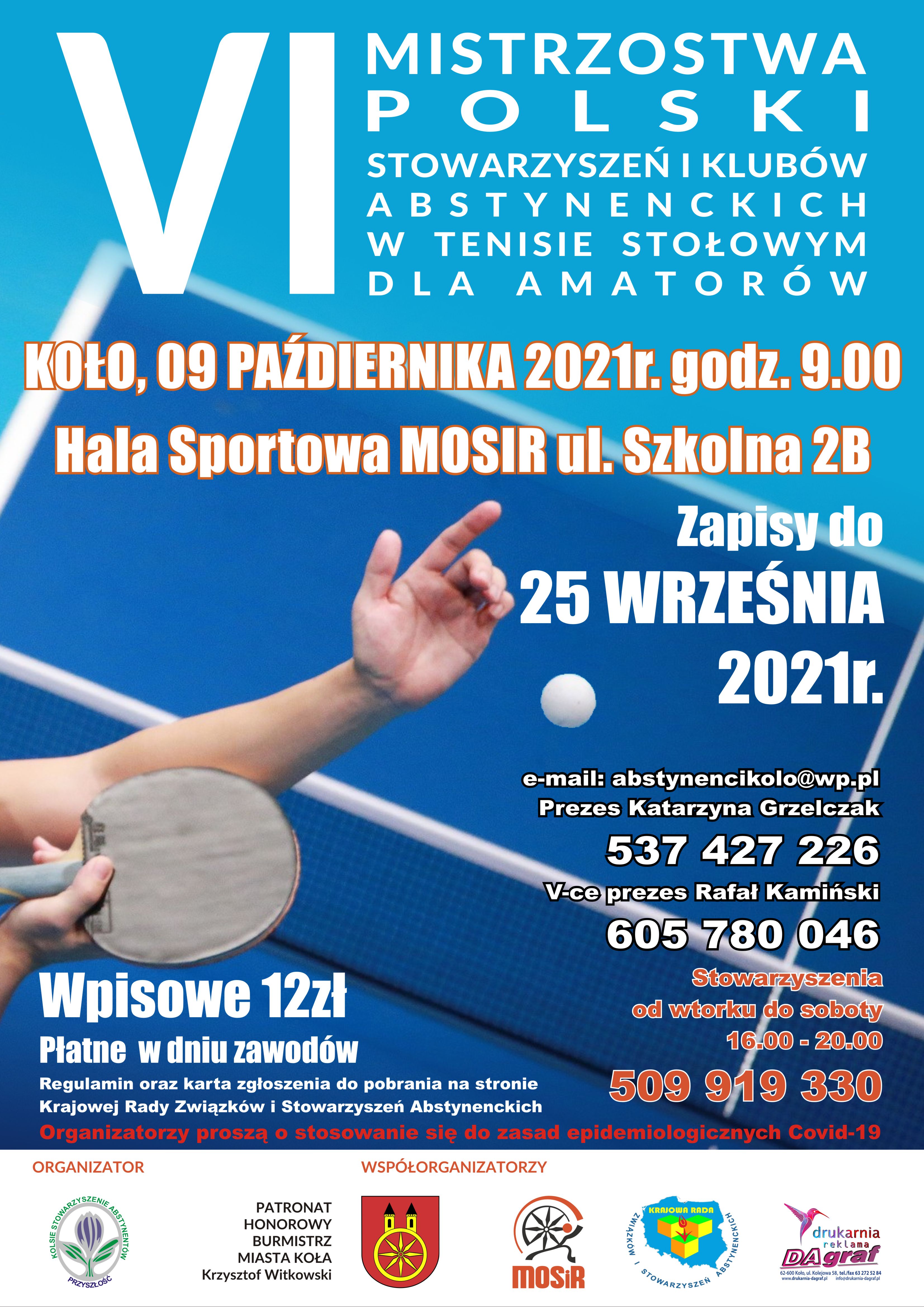 Plakat VI Mistrzostwa Polski Stowarzyszeń i Klubów Abstynenckich w tenisie stołowym, tekst poniżej