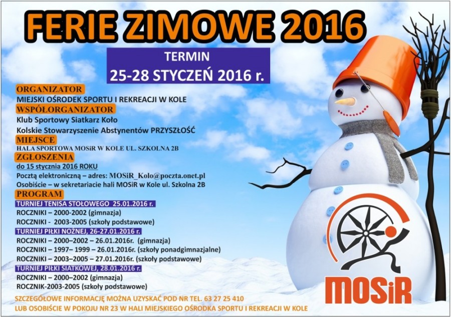 Spędź aktywnie Ferie zimowe 2016 - oferta MOSiR