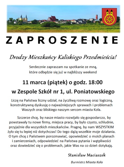 Zaproszenie na spotkanie z mieszkańcami Kaliskiego Przedmieścia