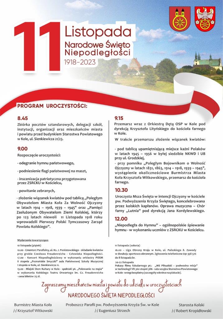 Plakat z Programem obchodów Narodowego Święta Niepodległości w Kole, tekst pod plakatem.