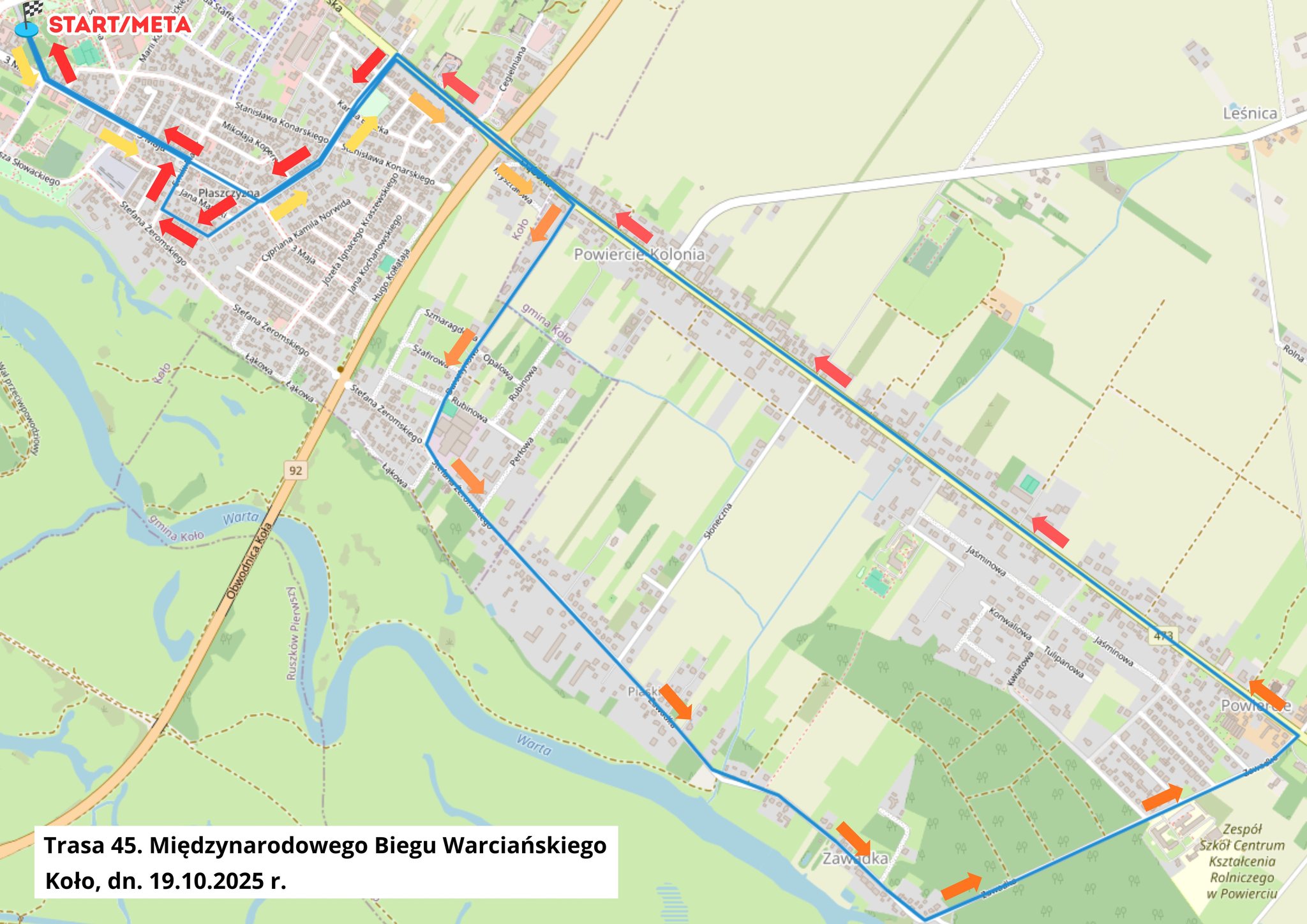 Mapa z wyznaczoną trasą 45. MIĘDZYNARODOWEGO BIEGU WARCIAŃSKIEGO W KOLE. Na mapie czerwonymi strzałkami zaznaczono trasę biegu.