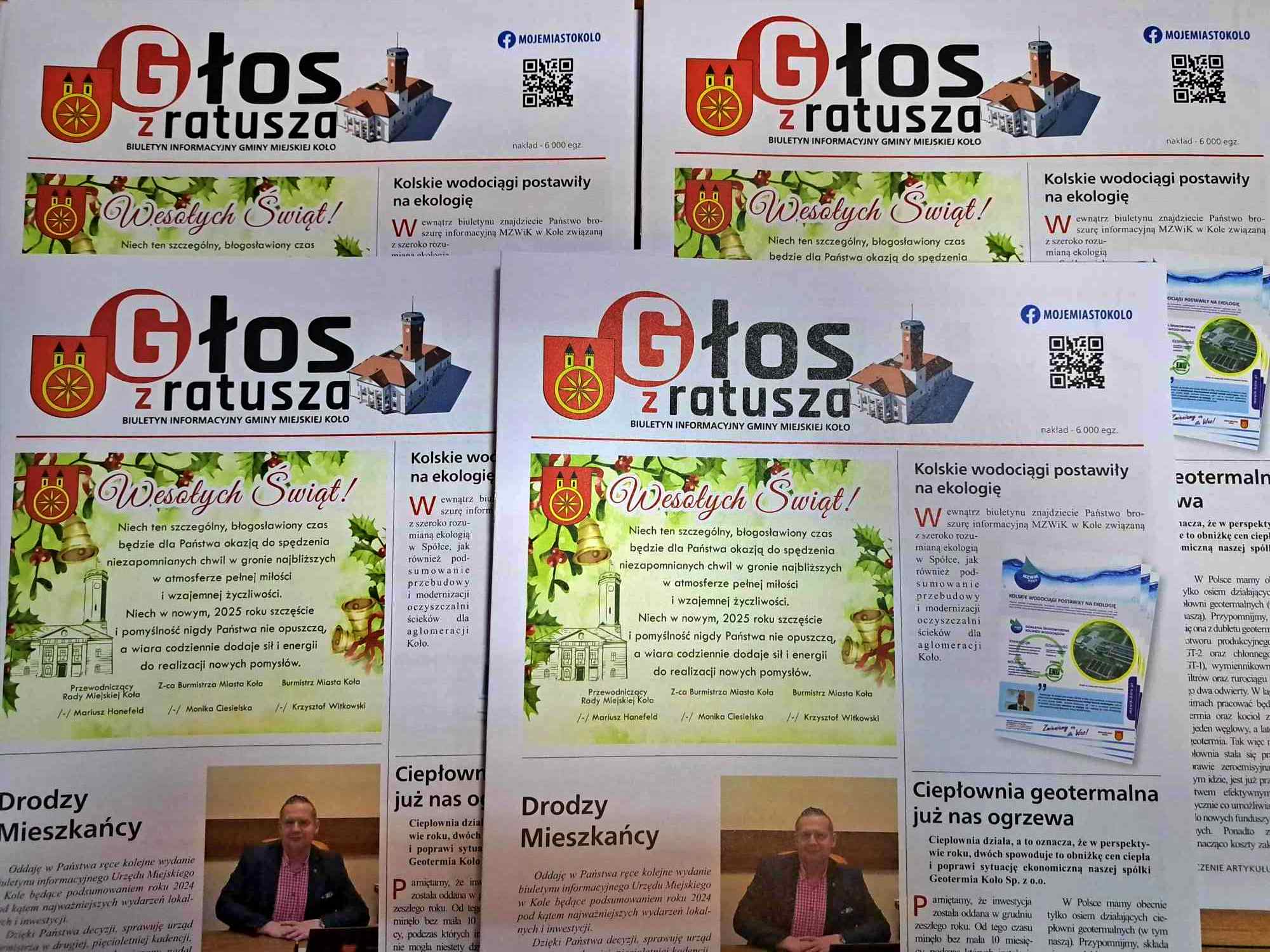 Zdjęcie przedstawia pierwsze strony kilku egzemplarzy Biuletynu Informacyjnego Gminy Miejskiej Koło zatytułowanego Głos z Ratusza.